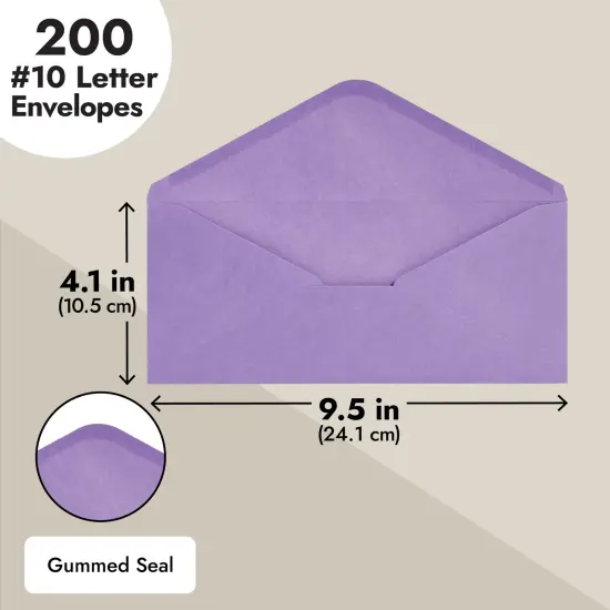 200 Pack #10 Purple Colored Envelopes Bulk - Gummed Seal Letter Size for Party Invitations, Business Mailing, Checks, Holidays, Greeting Cards, Thank You Notes (4.1in x 9.5in) {4}