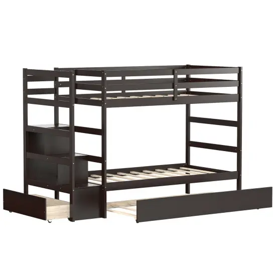 Twin Over Twin Bunk Bed with 3-Step Staircase and Storage Shelf Dark Brown {8}