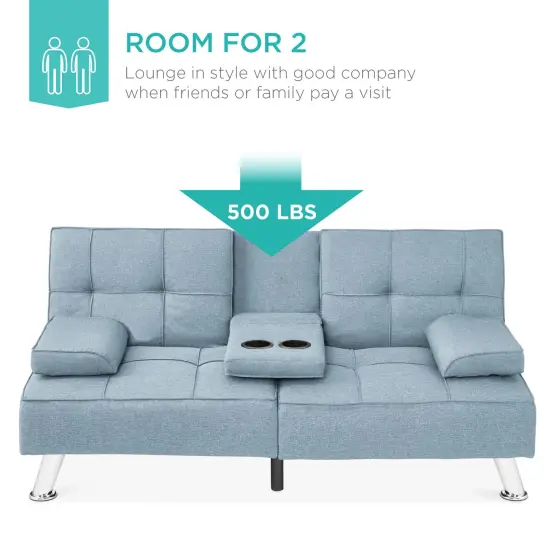 Best Choice Products Modern Linen Convertible Futon Sofa Bed w/ Removable Armrests, Metal Legs, Cupholders Light Blue {3}