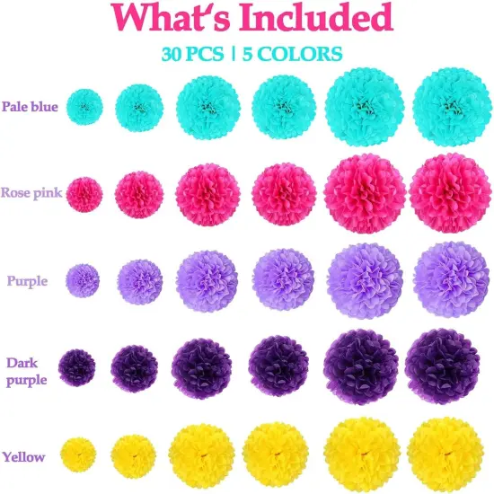 Blue Purple Yellow Rose Pink Tissue Paper Pom Poms Flower Set Decor-30PCS Ideal for Birthday,Bridal Showers,Wedding,Baby Shower Party Decorations (12",10",8",6) {2}