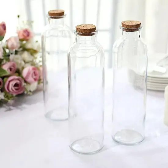 12 Clear 16 oz Round Storage Jars Refillable GLASS BOTTLES Cork Stopper Party {3}