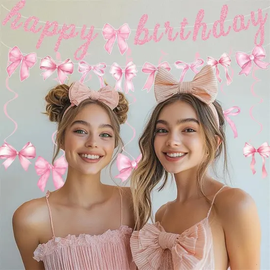 Pink Bow Banner Hanging Swirls with Bowknot Cupcake Toppers Happy Birthday Garland for Baby Shower Girls Pink Bow Room Decor Coquette Birthday Party Decorations {4}