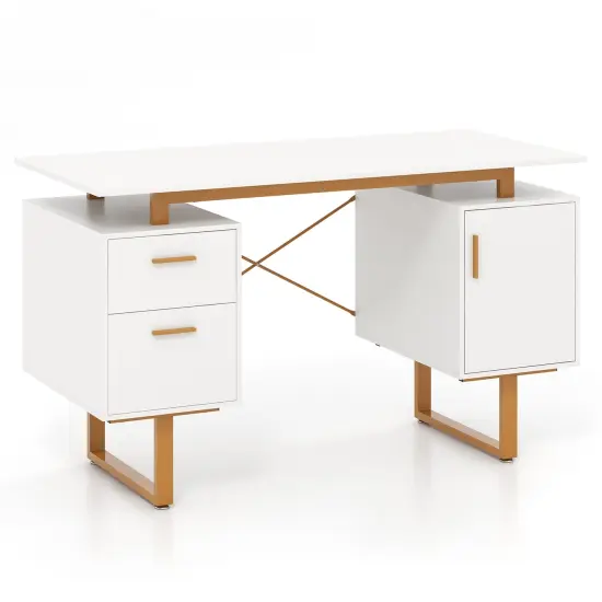 White 51 Inch Dual Drawer Computer Desk with Floating Desktop and X-Shaped Metal Frame {1}