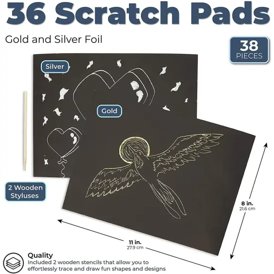 36 Scratch Sheets with 2 Wooden Styluses for Art, Gold and Silver Foil (8.5 x 11 in, 38 Pieces) Multicolor {2}