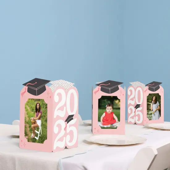 Big Dot of Happiness Rose Gold 2025 Graduation Photo Holder Centerpieces, 4x6 Picture Display Box, Table Decoration Centerpiece for Pink Grad Party Decor, 8 Count {7}