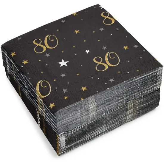 100 Pack Bulk Happy 80th Birthday Napkins for Party Decorations, 2-Ply, Black and Gold (6.5 x 6.5 In) {1}