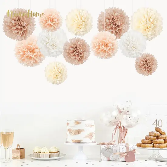 Wedding Decorations, 12 PCS Ivory Champagne Tissue Paper Pom Poms, Creamy White Paper Flowers for Bridal Showers, Engagement Receptions, Bachelorette, Birthday, Boho Party Supplies {5}