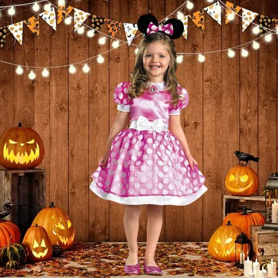 Girls Pink Minnie Mouse Costume Polka Dot Dress with Headband Toddler {2}