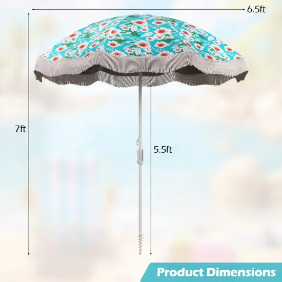6.5 FT Beach Umbrella with Fringe, Outdoor Tassel Design, Push Button Tilt, UV Protection Green {4}