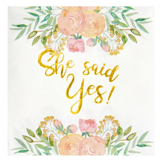 50 Pack Gold Foil She Said Yes Napkins for Engagement Party Supplies, Bridal Shower Decorations, Luncheon, Wedding Decor, Disposable, 3-Ply (White, 5 x 5 Inches) {5}
