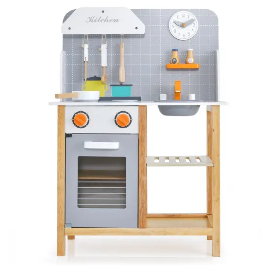 Wooden Toddler Pretend Kitchen Set with Cookware Accessories for Boys and Girls-Grey {4}
