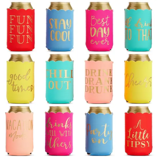 12-Pack Scalloped Can Cooler Sleeve for Soda, Beer, Drinks - Girls Trip Gifts Favors for Weekend Beach Party, Birthday, Bachelorette (2.5x4.2 in) Multicolor {1}