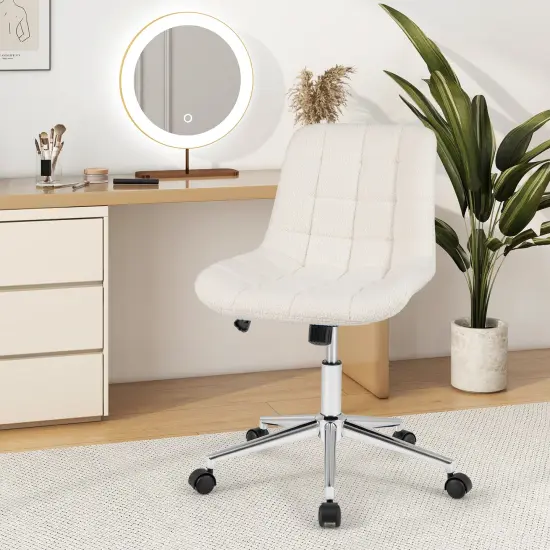 White Teddy Fleece Armless Office Chair with 5 Smooth Rolling Wheels and Metal Base {3}