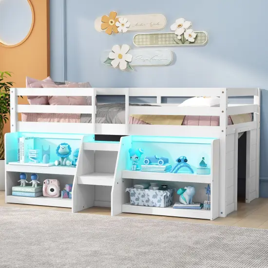 Twin Size LED Lighted Loft Bed with Staircase and Safety Guardrail Perfect for Kids White {1}