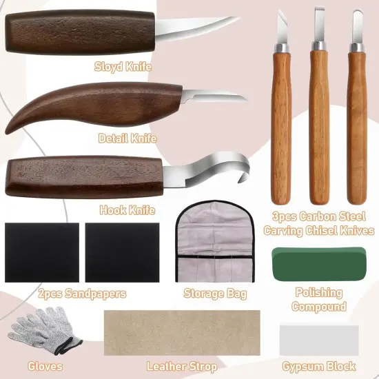 12-Piece Wood Carving Tool Set with Hook Knife, Detail Knife, Chipping Knife, Cut-Resistant Gloves, Sandpaper & Sharpening Strop &ndash; Complete Carving Kit with Carrying Bag for Beginners & Professionals {5}