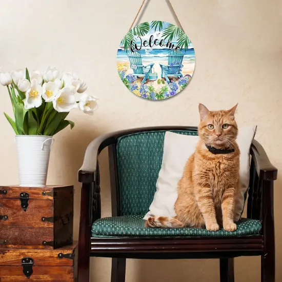 Sea Chair Front Door Sign Flower Wall Hanging Round Door Hanger Farmhouse Coastal Beach Wooden Wreath for Front Door Hello Summer Outdoor Porch Decor 12"X12" {5}