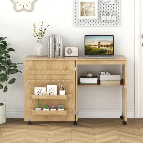 Space-Saving Folding Sewing Table Rolling Craft Station with Storage Pegs and Compartments Natural {3}