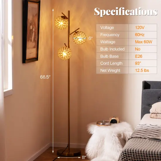 Golden 3-Globe Tree Floor Lamp with Foot Switch and Sturdy Metal Stand {4}