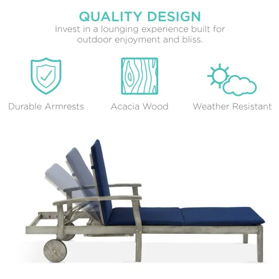 Best Choice Products 79x26in Acacia Wood Outdoor Chaise Lounge Chair w/ Adjustable Backrest, Table, Wheels Gray/Navy {3}