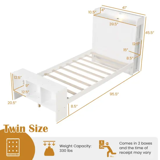 Twin Size Bed Frame with 2 USB Ports with Storage Headboard and Lights-Twin Size {4}