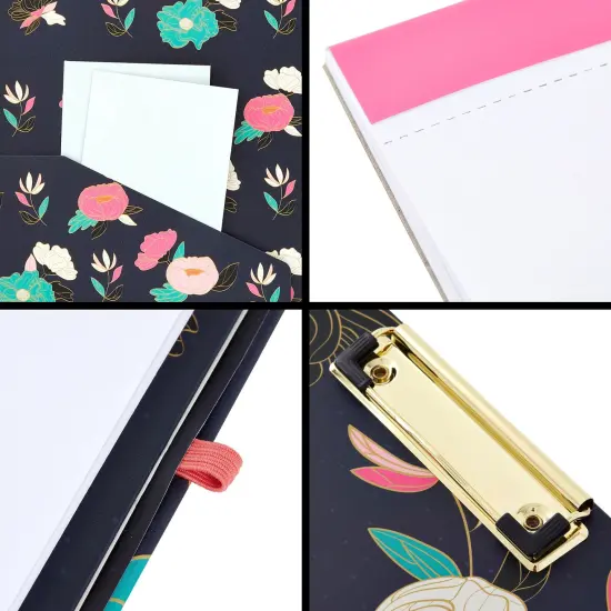 Floral Clipboard Folio with Notepad, Low Profile Clip and Interior Storage Pocket, Cute Clipfolio Business Folder (13 x 9 In) Black {5}