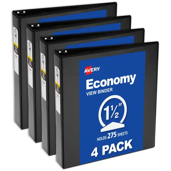 Avery Economy View 3 Ring Binders, 1.5" Round Rings, 4 Black Binders (19204) {1}
