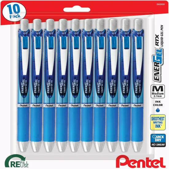 Retractable Premium Liquid Gel Pen, (0.7mm) Needle Tip, Ultra Smooth, Medium Line, Blue Ink 10 Pack {1}