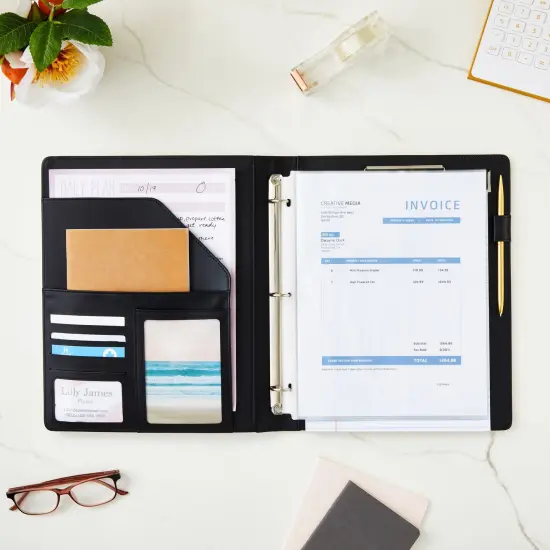 Marble and Gold Foil 3 Ring Binder with Pockets, Portfolio Organizer with Clipboard (10.5 x 12.5 Inches) White {3}