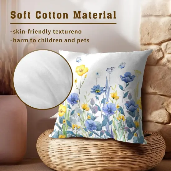 Blue Yellow Flowers Pillow Covers 18x18 Inch Set of 2, Poppy Floral Square Cushion Covers Spring Summer Seasonal Decor Pillowcase for Living Room Sofa Bedroom {3}