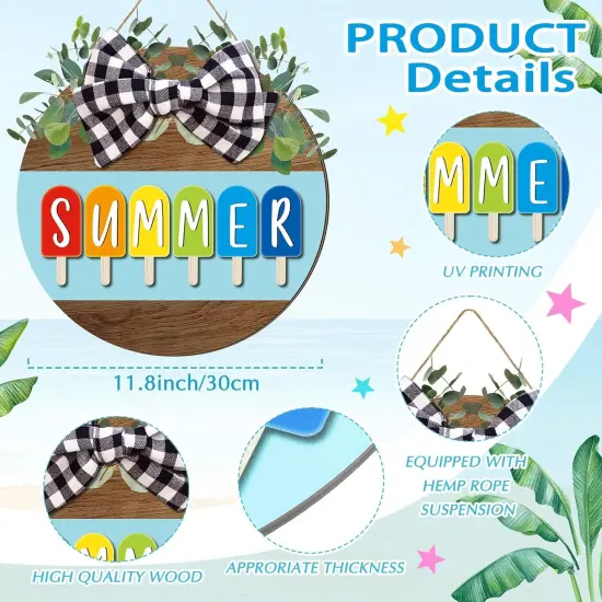 12 x 12 Inch Hello Summer Door Sign Ice Cream Welcome Summer Wreath Decor Beach Hanging Door Hanger Farmhouse Decorations for Wall Front Porch Decor(Ice Lolly) {3}