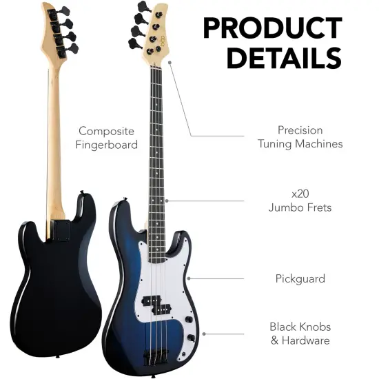 Best Choice Products Full Size Beginner 4-String Electric Guitar Bass Guitar w/ Padded Case Hollywood Blue/White {5}