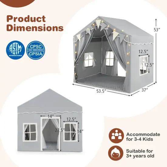 Kids Large Play Tent House with 2 Opening Door and Star Lighting Perfect for Gift Grey {5}