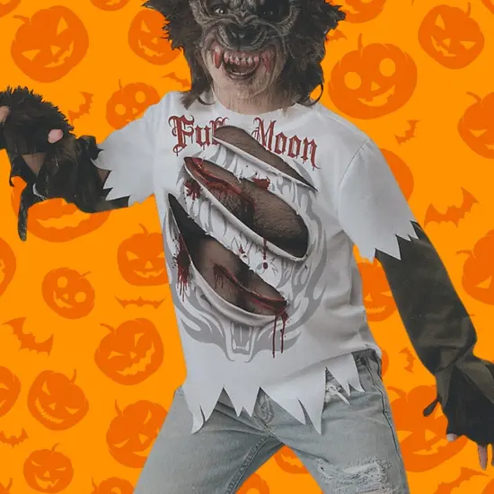 Boys Werewolf Costume with Mask and Gloves for Halloween Dress Up White/Brown {5}