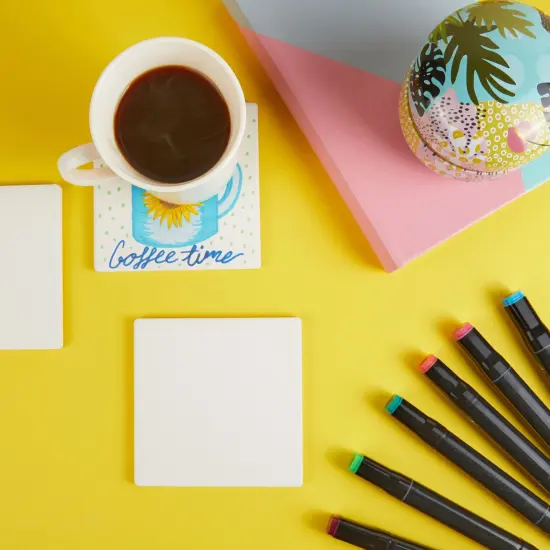 4 Inch Square Ceramic Tiles for Crafts with Cork Backing Pads, 12 Pack of Unglazed White DIY Coasters for Painting {3}