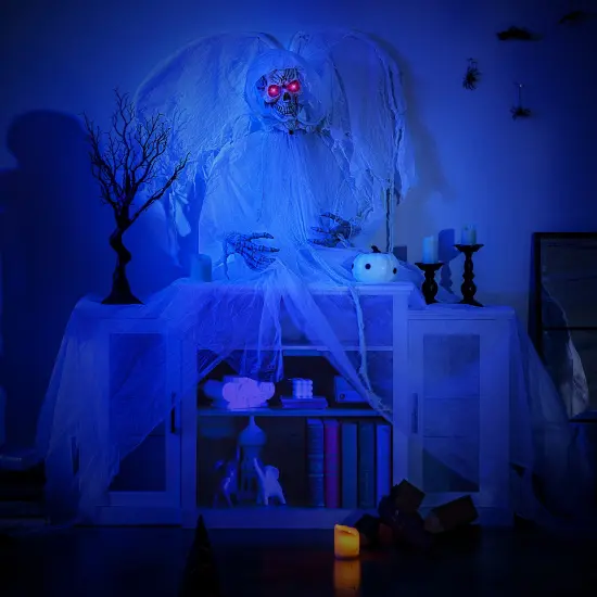 8.3 ft White Halloween Standing Haunted Angel with Lighted Eyes and Automatic Wing Movement {3}