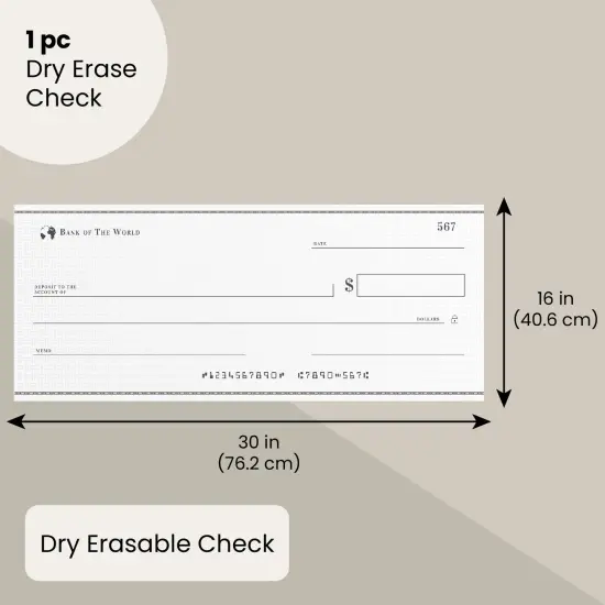 Reusable Big Check for Presentation, 30 x 16 in Large Oversized Dry Erase Plaque for Endowment, Donations White {1}
