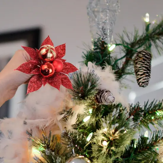 Red Glitter Poinsettia Flower Picks with Ornament Balls &ndash; Set of 12, Christmas Floral Decorations {3}