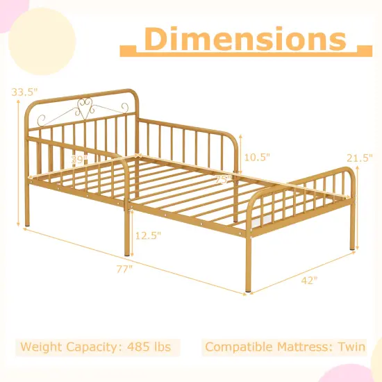 Twin Size Metal Bed Frame with Headboard Included Safety Side Guardrails Gold {5}
