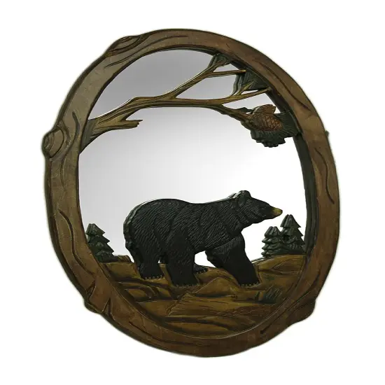 Black Bear in the Forest Hand Crafted Wooden Wall Mirror {1}