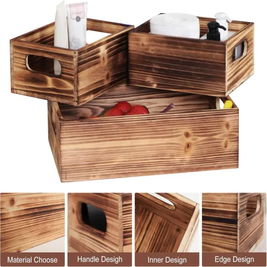 Wooden Crate Stackable Decorative Wood Crates set of 3 for Storage Display Rustic Nesting Box Basket Home Decoration Boxes Container Bin with Handles Farmhouse Decor,Solid Pine,L+M+S {4}