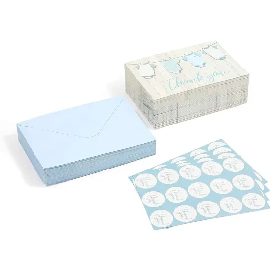 60 Pack Baby Shower Thank You Cards with Blue Envelopes for Boy, 4x6 inch with Clothesline Design and Includes 60 Cute Stickers for Appreciation {6}