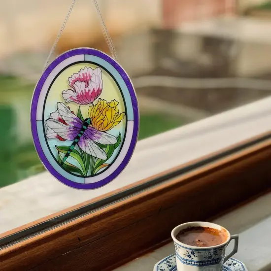 Summer Stained Glass Window Hanging Dragonfly Suncatchers 10 Inch Glass Panel Sun Catchers Indoor Window Wall Art, Stained Glass Dragonfly Light Catchers for Windows Handmade Glass Art Gift {4}