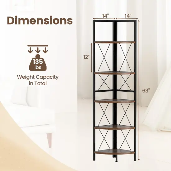 63 Inch Tall 5-Tier Freestanding Corner Storage Shelf with Heavy Duty Metal Frame and X-Shaped Brackets {6}