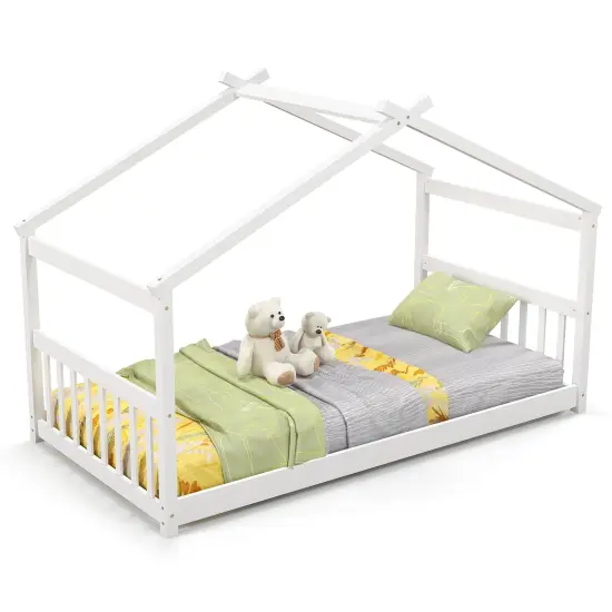 Wooden Twin Size House Bed with Roof Frame for Kids Bedroom White {4}