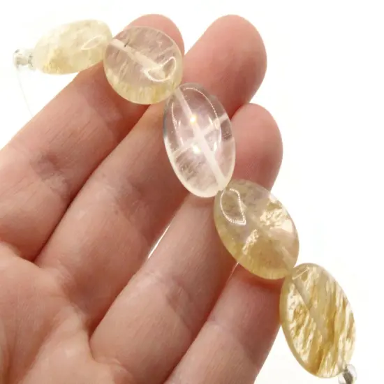 5 20mm Clear Quartz Glass with Light Yellow Lines Flat Oval Beads {2}