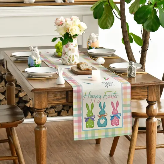 Green Blue Pink Buffalo Plaid Bunny Happy Easter Table Runner {3}