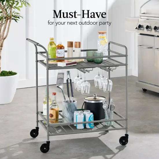 Best Choice Products 2-Tier Rolling Bar Cart Indoor/Outdoor w/ Storage Shelves, Wine Rack, Lockable Wheels Gray {3}