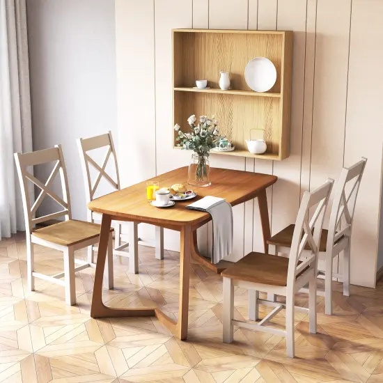 Wooden Dining Chairs Set of 2 with High Back and Rubber Wood Frame-Natural {3}