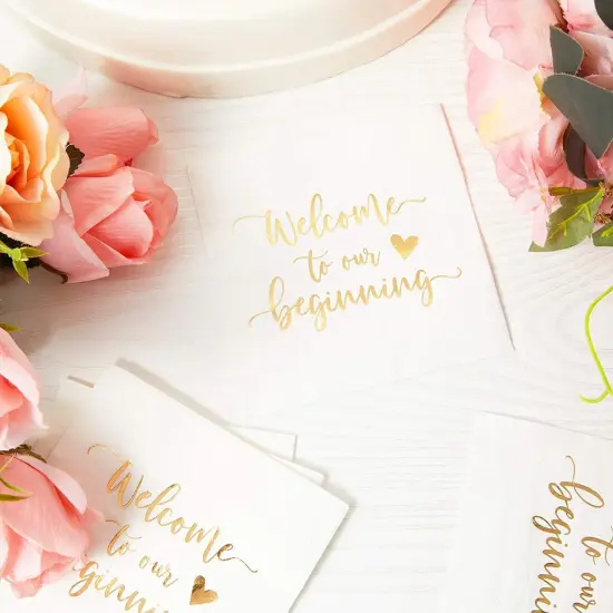 Wedding Cocktail Napkins, Welcome to our Beginning (White, 5 In, 100 Pack) {3}