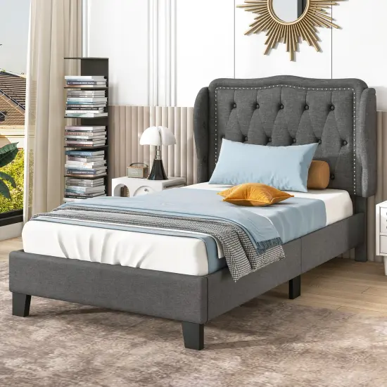 Twin Size Bed Frame with Button Tufted Wingback Headboard and Storage Space-Gray {5}
